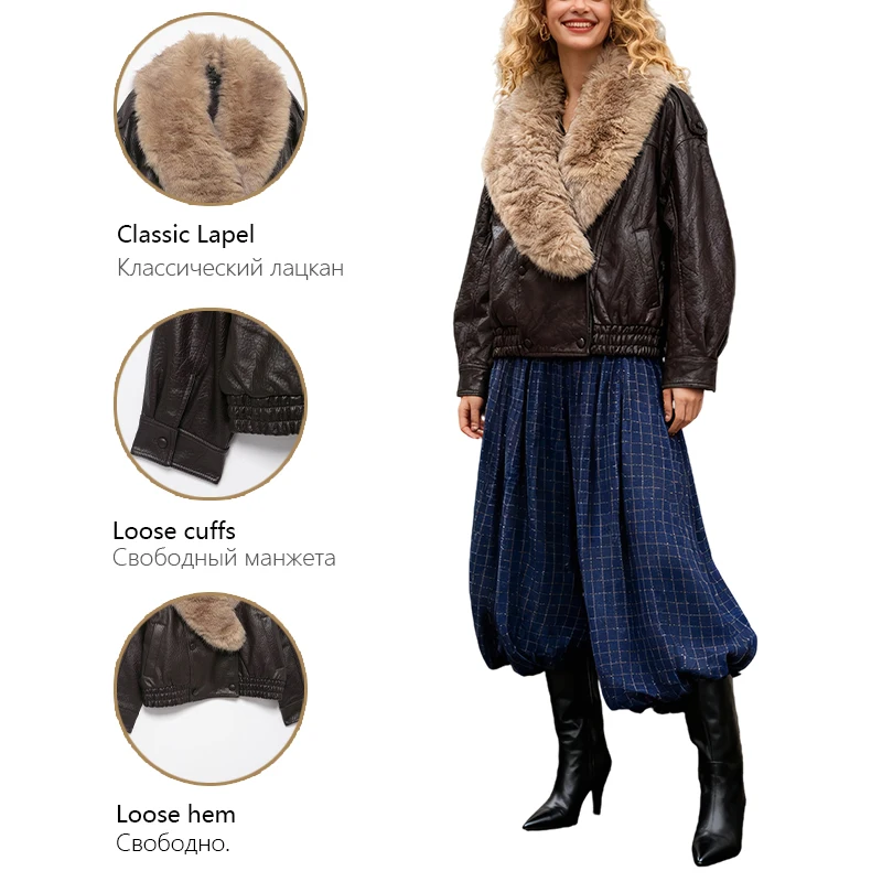  Vintage Brown Faux Leather Jacket for Women Faux Fur Collar Short Coat Casual Streetwear"