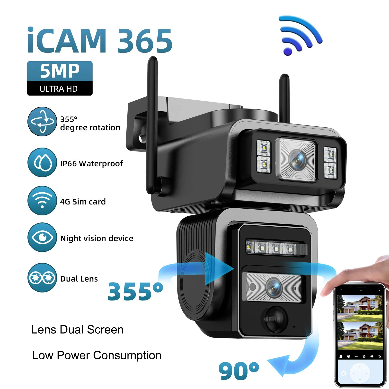 كاميرا شمسية بعدسة مزدوجة، كاميرا مراقبة خارجية، لوحة WIFISolar مع بطارية CCTV PZT IP، حماية أمنية للكاميرا