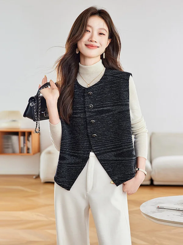 

Women's round Ne Svel Vest Top ort Woolen Knitted Cardigan Striped Autumn Clothes Suitable for Middle-Aged Mothers