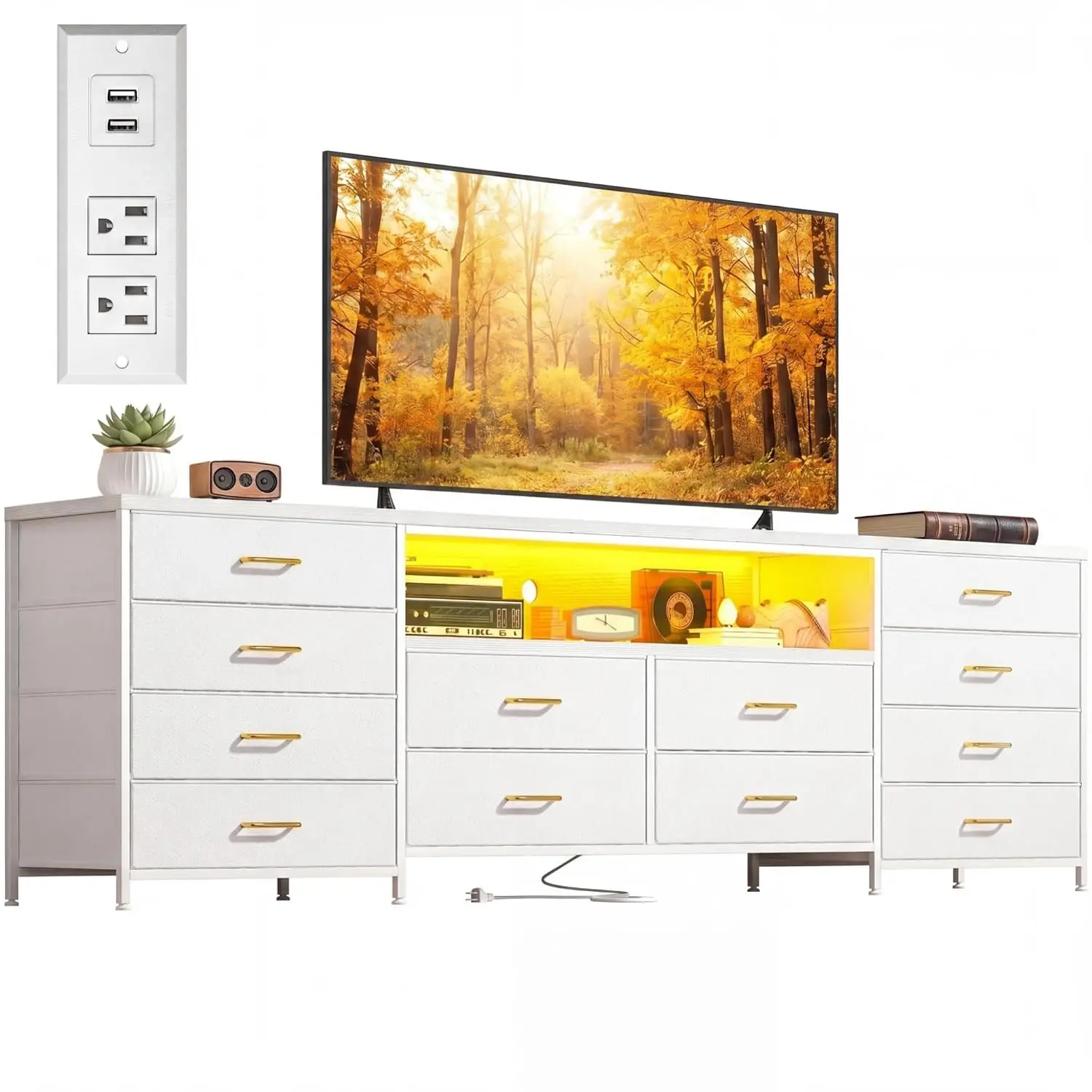 12 Drawer Fabric Dresser TV Stand with LED & Power Outlets, 2 Wood Shelves for Bedroom Living Room, White PU Leather, Customized