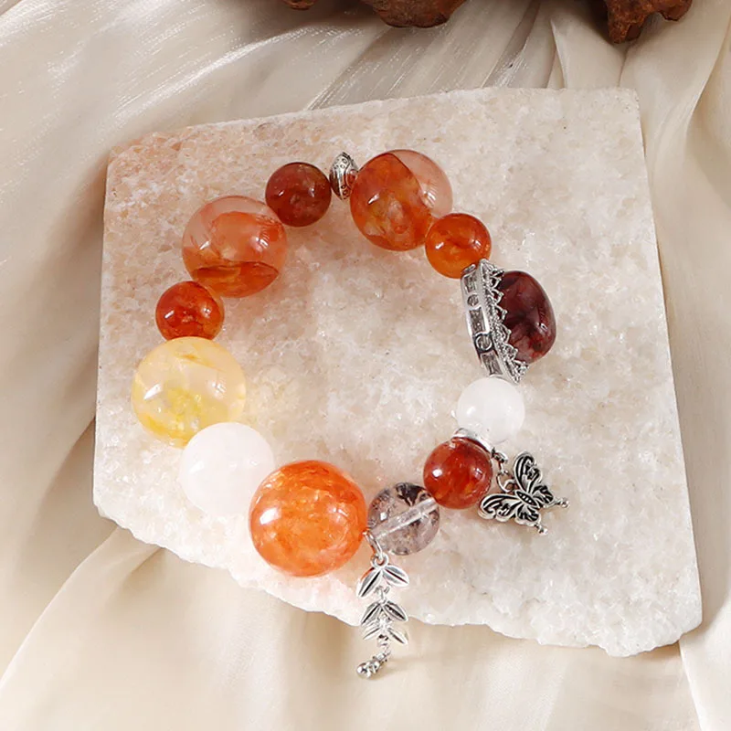 Retro 22mm Colorful Clear Natural Stone White Crystal Leaves Butterfly Oval Elastic Strand Bracelets for Women Wholesale