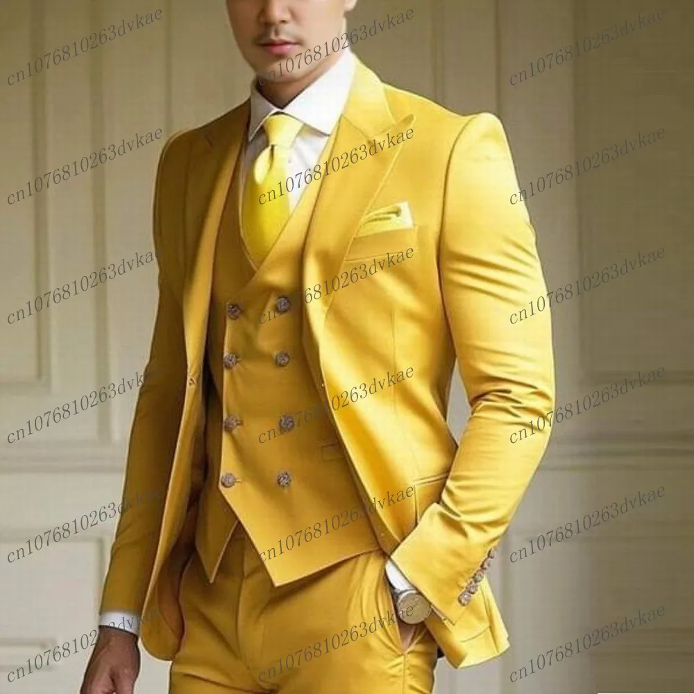 

New Yellow Men Suit Groom Groomsman Wedding Party Prom Business Formal Male Tuxedos Customized 3 Piece Set Jacket Vest Pants