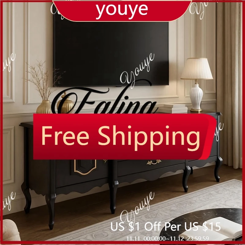 

C French TV Cabinet Light Luxury High Sense Floor Solid Wood Carving Retro Black Living Room Wall Storage Side Cabinet