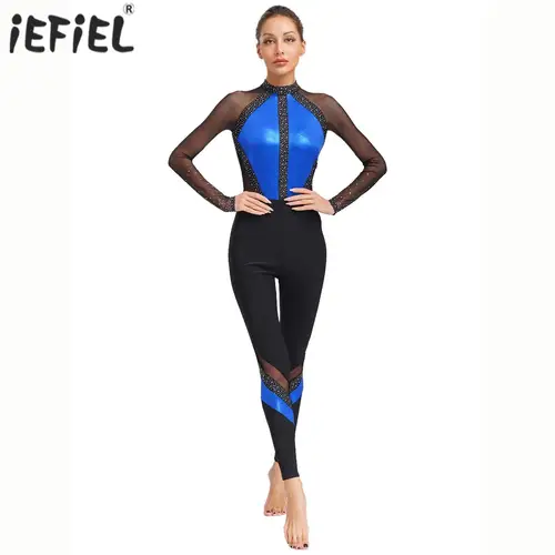 Mono de baile para gimnasia y Ballet para mujer, disfraz de actuación, pelele con diamantes de imitación, malla transparente, leotardo de cuerpo completo de manga larga