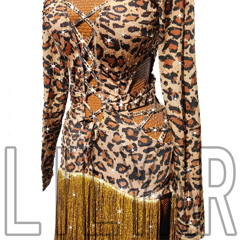 New Latin Dance Dress Competition Performance Adult Leopard Print Two-Color Fringe Flash Diamond Long Sleeve Dance Dress