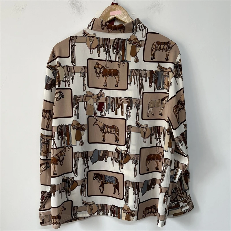 Steed Harness Print Long Sleeve Shirt Men Earth Tone Loose Turn Down Collar Single Breasted Casual All Match Shirts GD3G