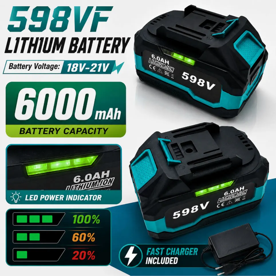 Image of 598VF 18V-21V 6,0Ah wiederaufladbarer Li-Ionen-Akku mit LED-Ladeanzeige, Ersatz für Makita 18V-Akkus für kabellose Elektrowerkzeuge, Polen, lokaler Lagerbestand, schneller Versand