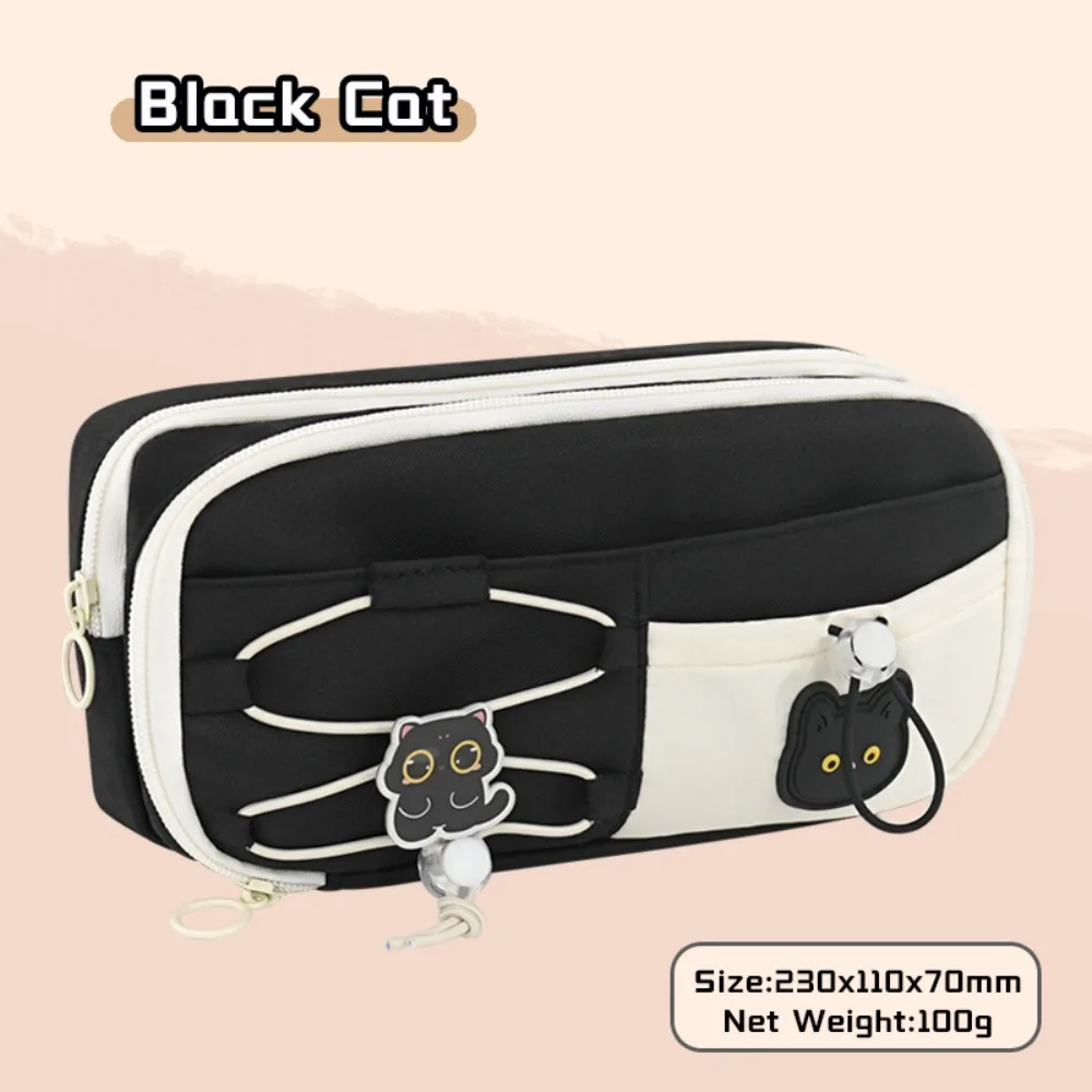 Black Cat Pen Bag Multi-layer Drawstring Design Pencil Case Partition Storage Large Capacity Stationery Organizer Back To School