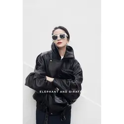 Shpmishal Fashionable and High-end Heavy-duty Double-layer Collar Leather Jacket for Women's Autumn New Loose Motorcycle Coat