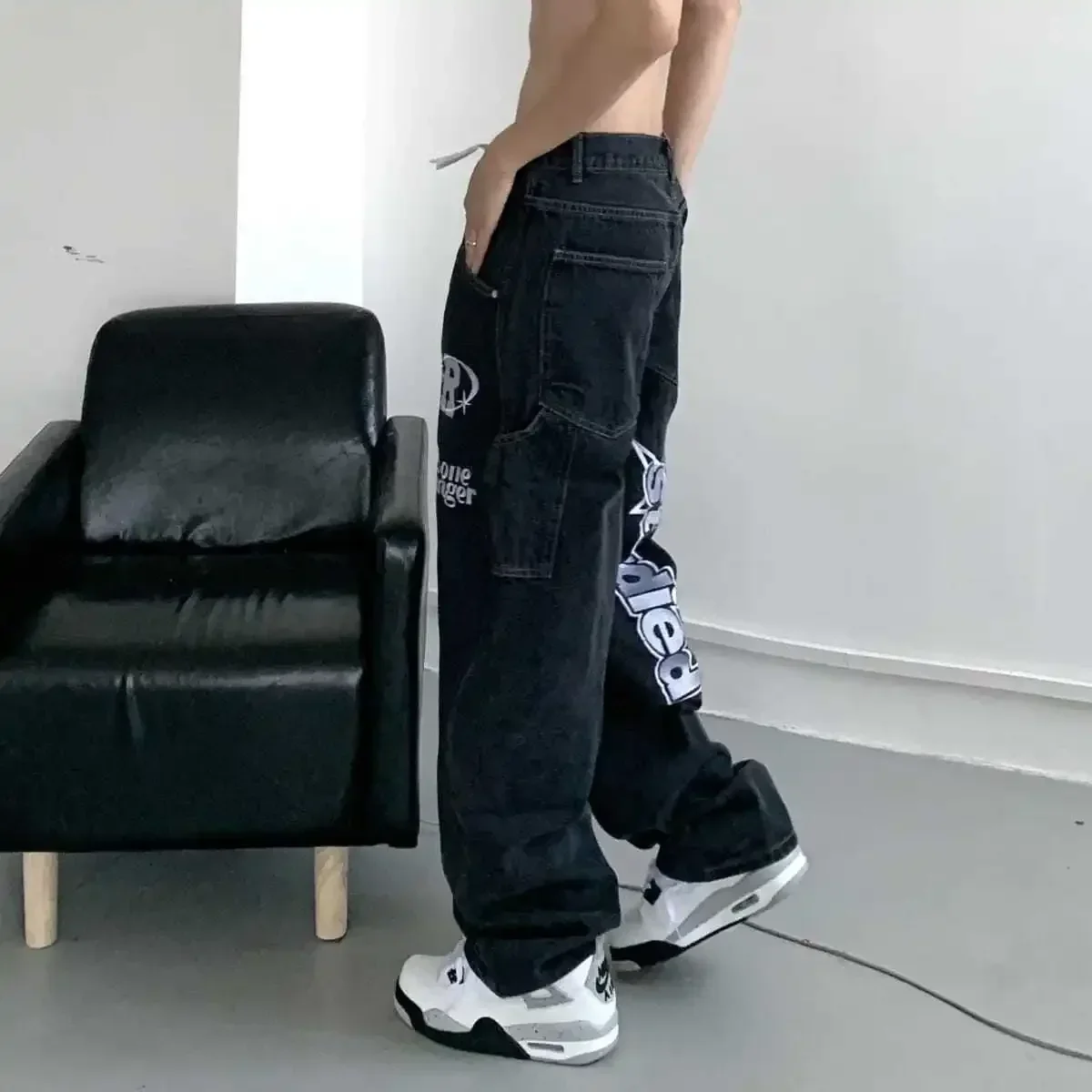 Männer 2025, Frühling Herbst Neue Vintage-Jeans Hip Hop Brief Druck Jeans Lose Gerade Bein Breite Bein Hosen