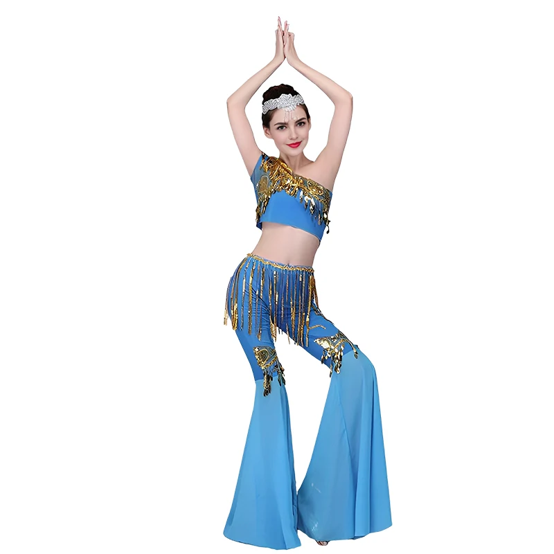 Women Belly Dance Costume Set Indian Flying Dance Cosplay Outfit with Peacock Pants Stretchy Top Mermaid Hem Stage Performance