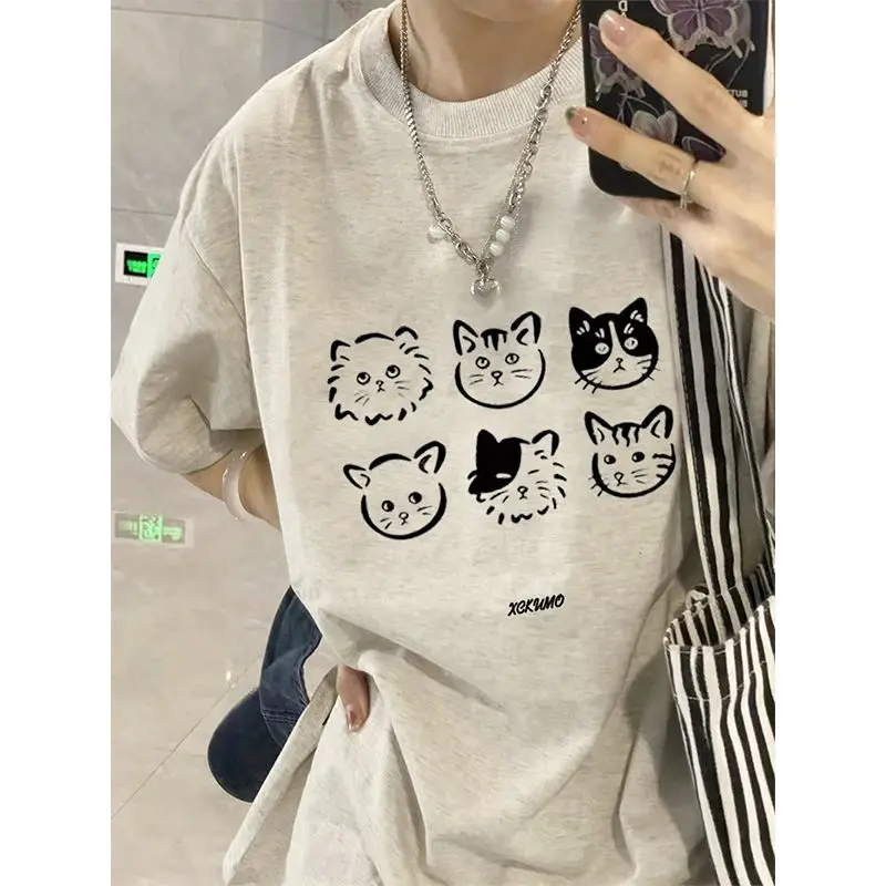 Japanese cute cat avatar printed short-sleeved T-shirt 2024 new summer half-sleeved tops for men and women Korean style y2k tops