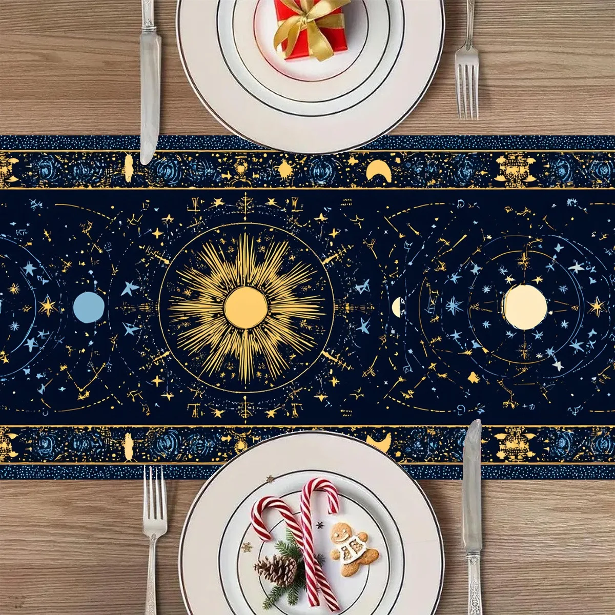 JIT Navy Gold Celestial Design Polyester Table Runner 2D Flat Print Stylish Home Decor Dining Table Decoration Magical Charming