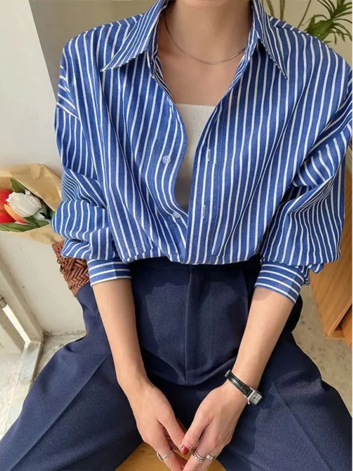 

Loose Long Sve Women's irt Button up Street Sle Casual Loose Fit Long T-irt Striped Pattern Button down Top