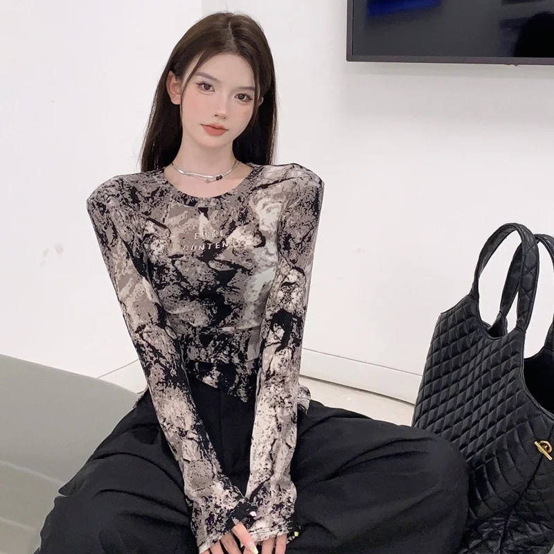 Women Summer Long Sleeve Irregular T-shirt Korean Retro Hot Girl Skinny Print Y2k Tops