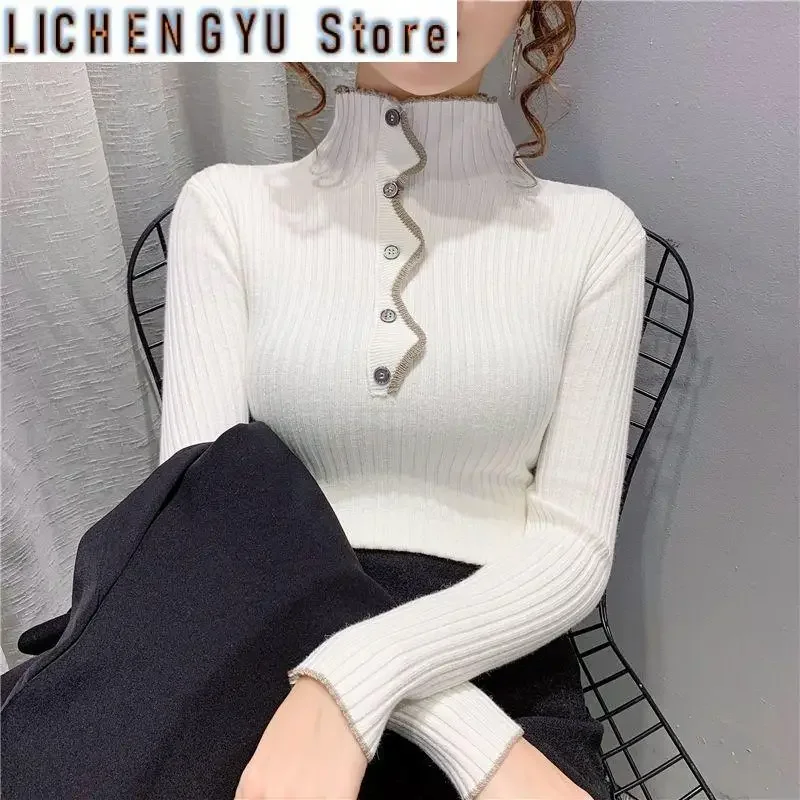 

Autumn and Winter Women's Solid Half High Collar Long Sleeve Slim Knitted Sweaters Jumpers Button All-match Fashion Casual Tops