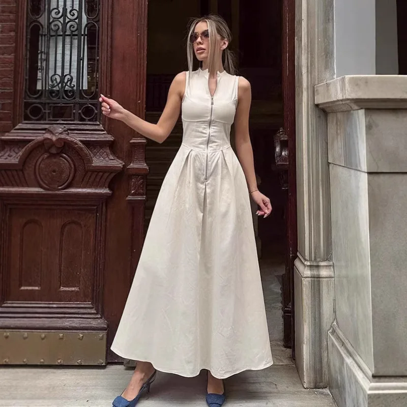 

KHKJ MUJER Zipper Long Dress Woman Pleated Sleeveless Bodycon Dress Summer Elegant Party Dresses For Women 2025 New Midi Dresses