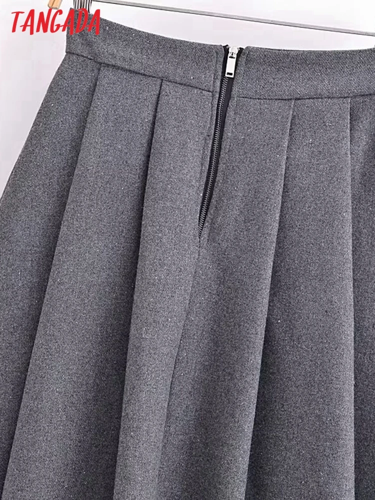 Tangada 2023 Winter Women Gray Thick A-line Skirt With Zipper Ladies Chic Long Skirts 6P270