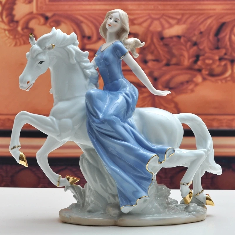 

Porcelain Maiden Girl on Horse Character Sculpture Ceramic Gift and Craft Ornament Decor Embellishment Accessories Furnishing