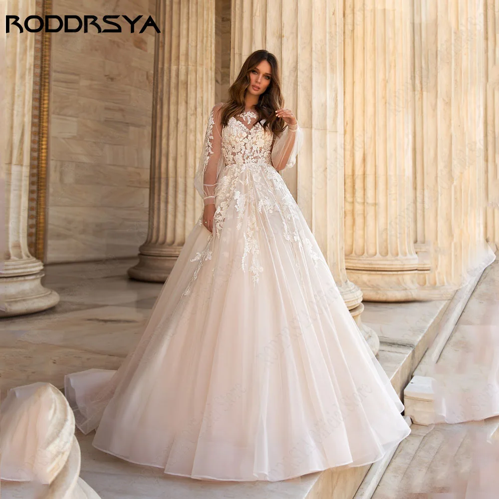 RODRSYA Elegante Mangas Longas Puff Vestido de Casamento 2024 Applique Scoop Neck VeRODDRSYA Elegante Longo Sopro Mangas Weddng Vestido 2024 Applique Scoop Pescoço Vestidos De Noiva Lace A-Line Ilusão Vestidos De Novia