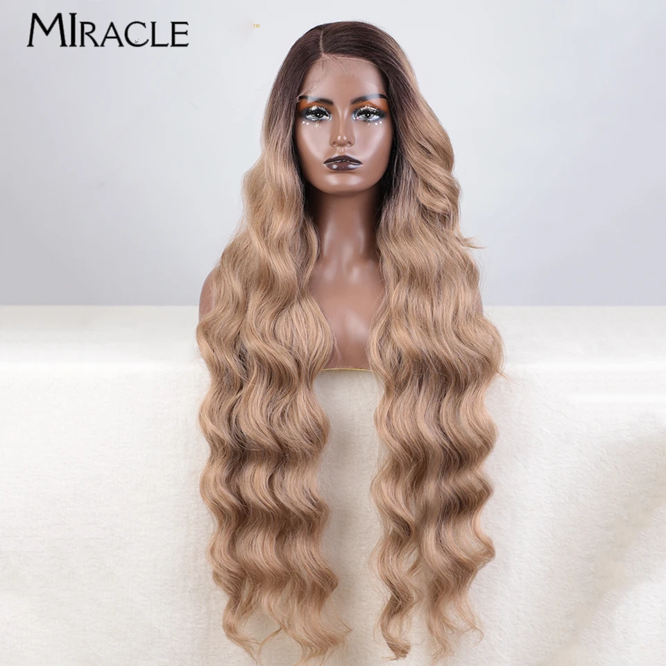 MIRACLE Wig sintetis renda depan wanita, Wig Cosplay rambut palsu pirang panjang bergelombang 36 inci tubuh bagian sisi bergelombang renda depan warna cokelat