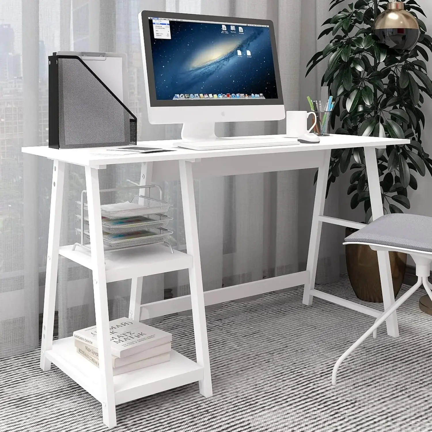 

51" White Desk with 2-Tier Storage Shelves,Home Office Computer Desk, Study Table for Kids Student Girls,Writing Desk