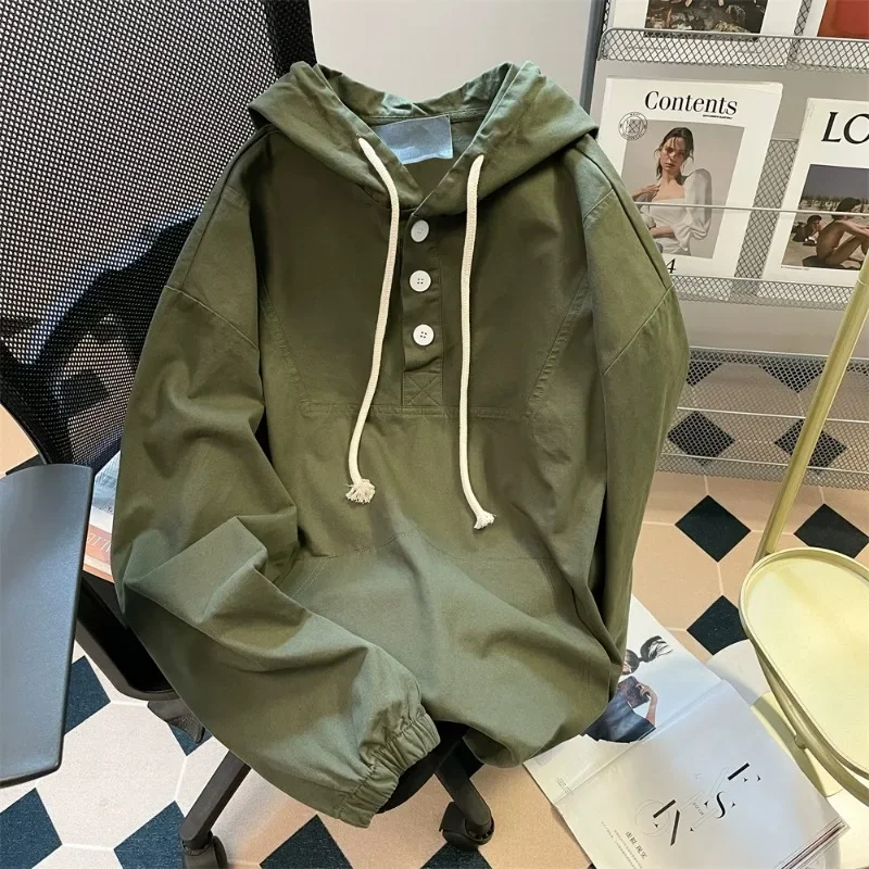 

Retro Hooded Sweatshirt Women's Spring Autumn Couple Casual Hoodies Jacket Tops Long Sleeves Solid Color Buttons Pullover