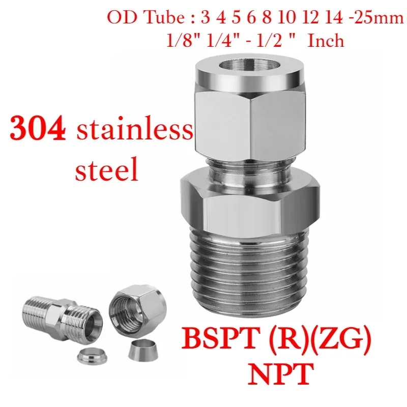 1/8 "1/4" 3/8 "1/2" BSPT NPT męski 3-25mm 1/8-1 Cal OD podwójna okucie rura kompresyjna złącze 304 stal nierdzewna