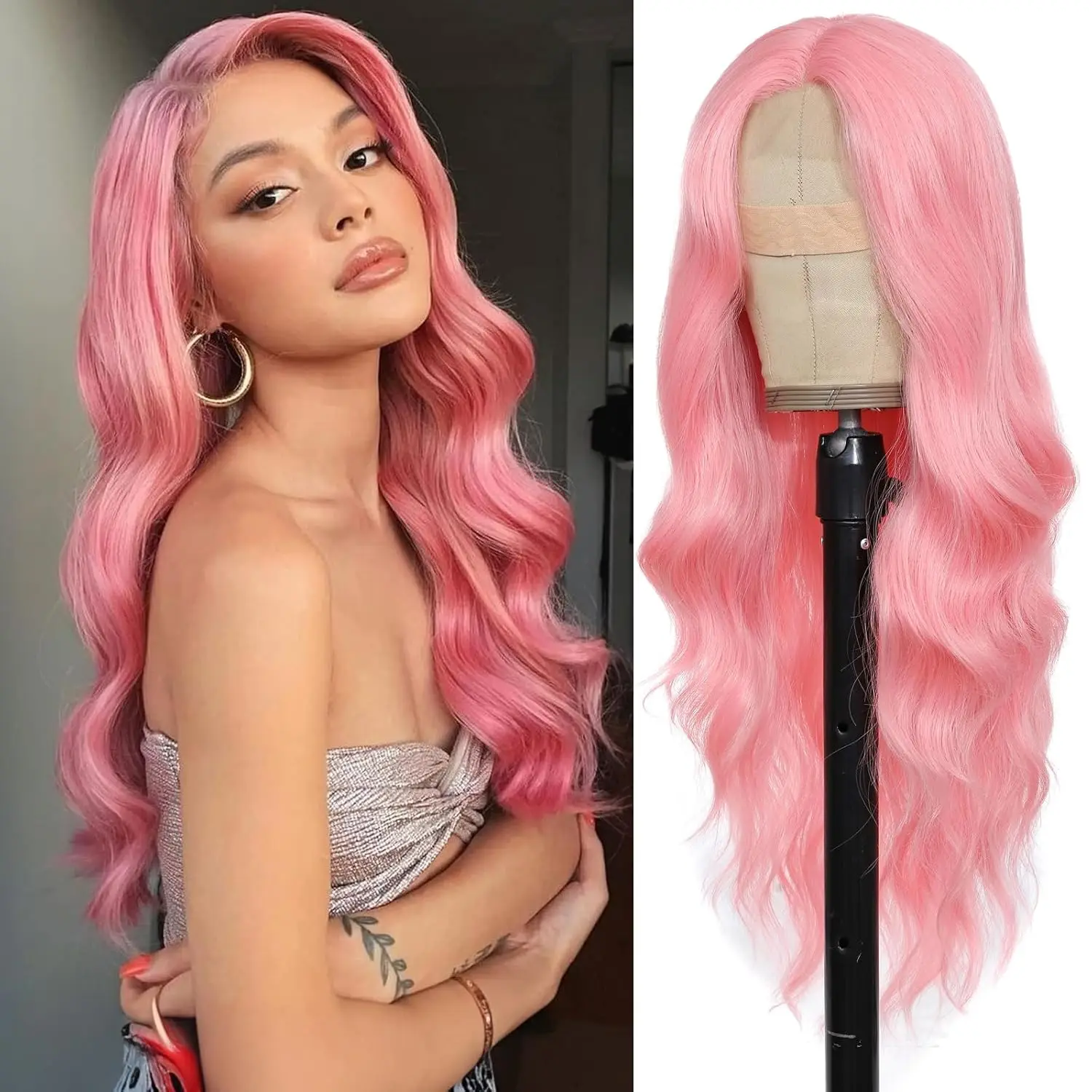 

Women's Long Pink Wavy Wig 26 Inch Middle Part Light Pink Curly Hair Synthetic Heat Resistant Natural Look for Daily Party Use