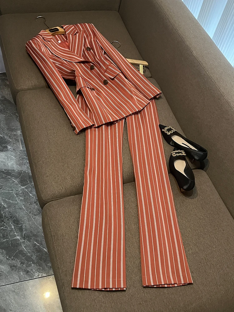 

Женский костюм в полоску, прямые брюки, облегающий комплект из двух предметов Faion ow Ele Sle, осенняя коллекция U756