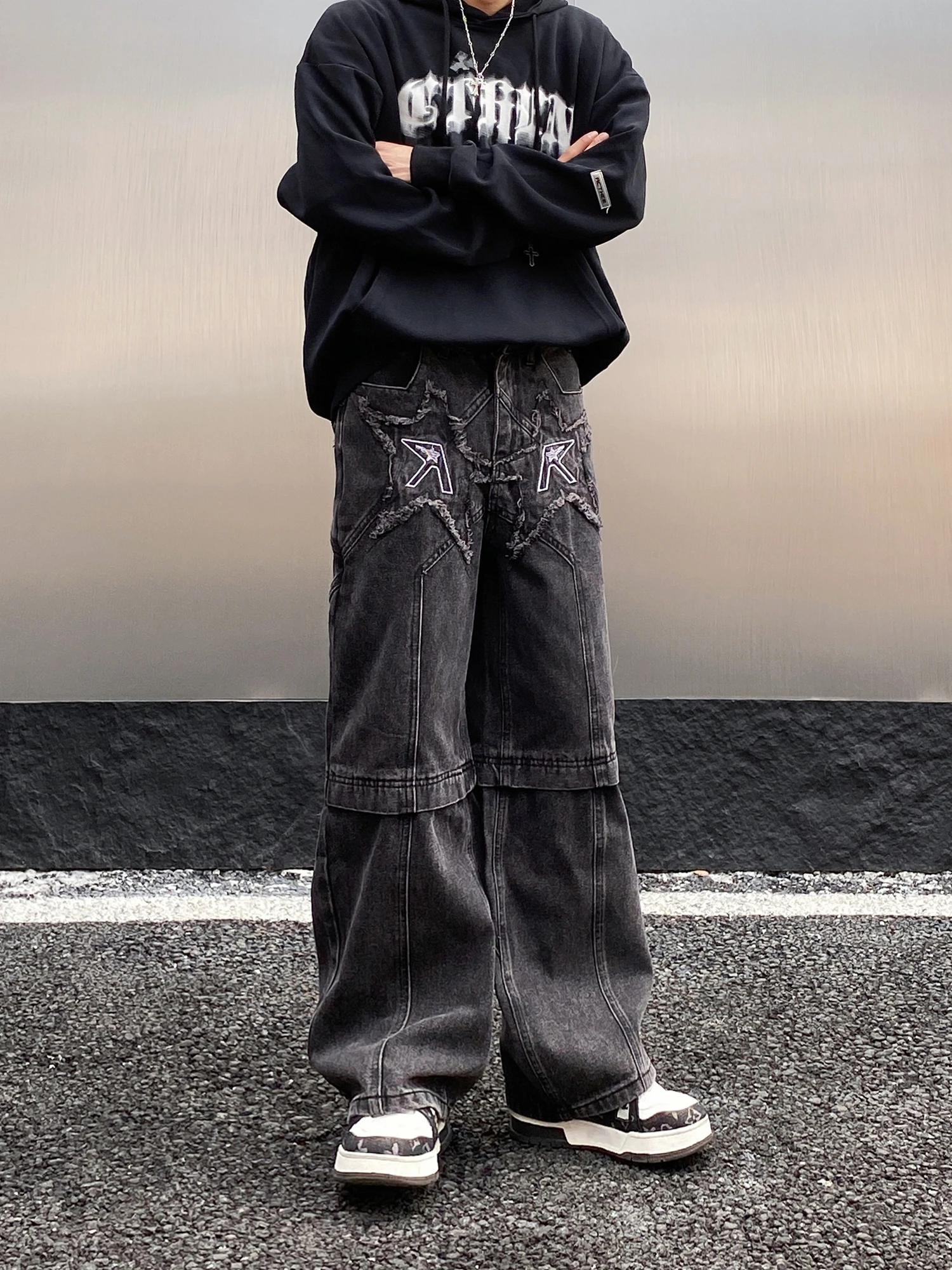 الرجعية الأمريكية Waed ممزق المطرزة الجينز الرجال فضفاض مستقيم واسعة الساق الثقيلة الهيب هوب شارع العليا السراويل جينز غير رسمي #2