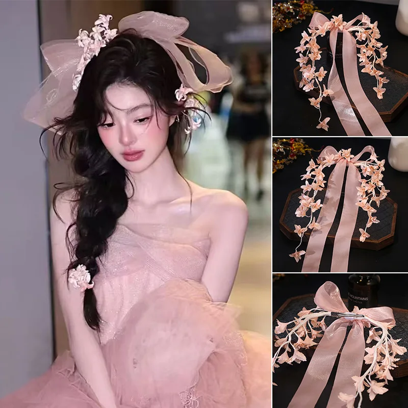 Mori Sweet Pink Bow Fairy Flower Ribbon Hairpin Dress Accessories Bridal Makeup Accessories