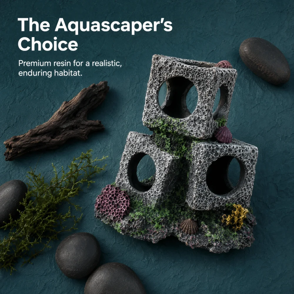 Resin Aquarium Rock Natural Look Simulation Cubes Cave Shelter Hollowed-out Shrimp Fish Hiding Cave Underwater Landscaping