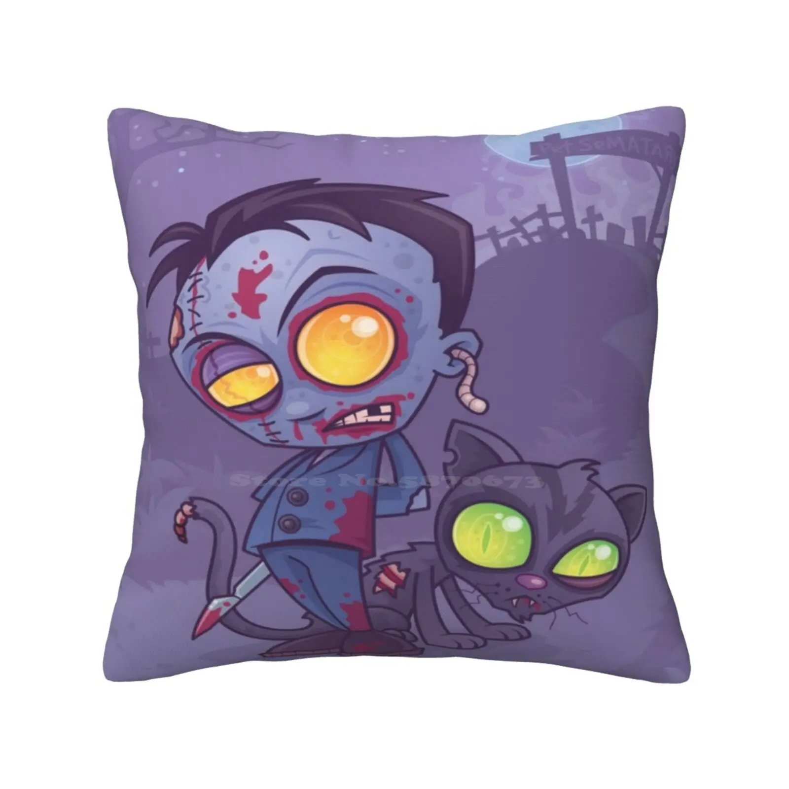 Pet Cemetery Funny Cute Decor Square Pillowcase Cat Ghost Vector Zombie Cartoon Spooky Grave Monster Cemetery Halloween Sematary