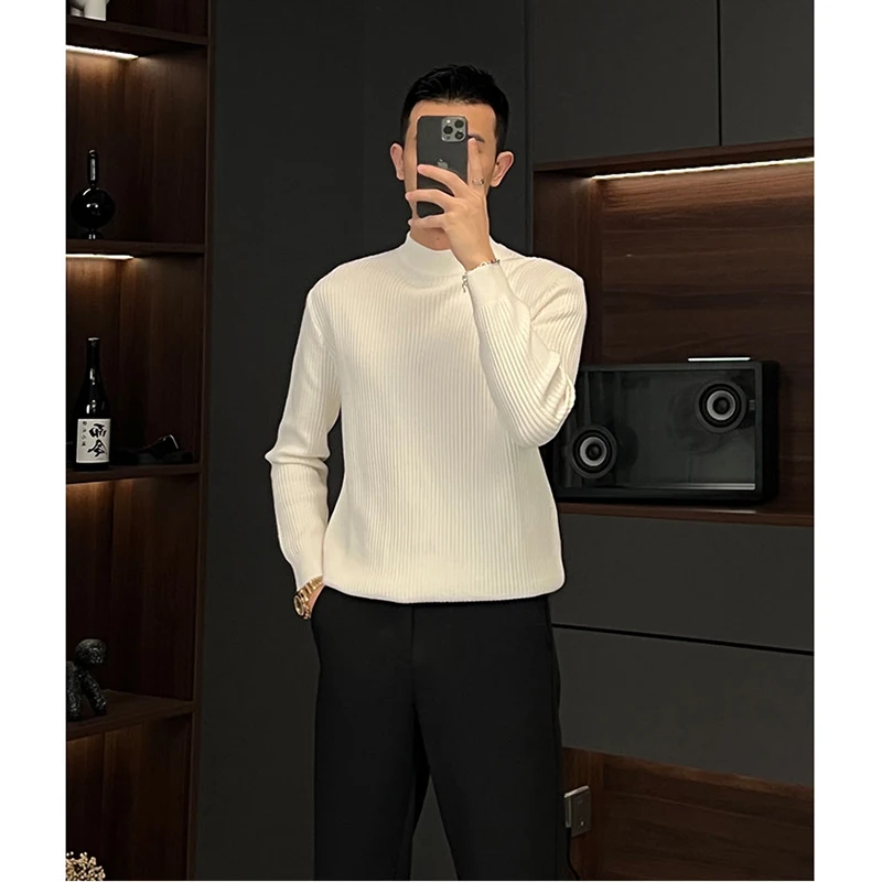 

White Striped f High Collar Men's Knitwear Slim Fit Base Layer irt Autumn Winter Faionable Inner Wear Casual Sle