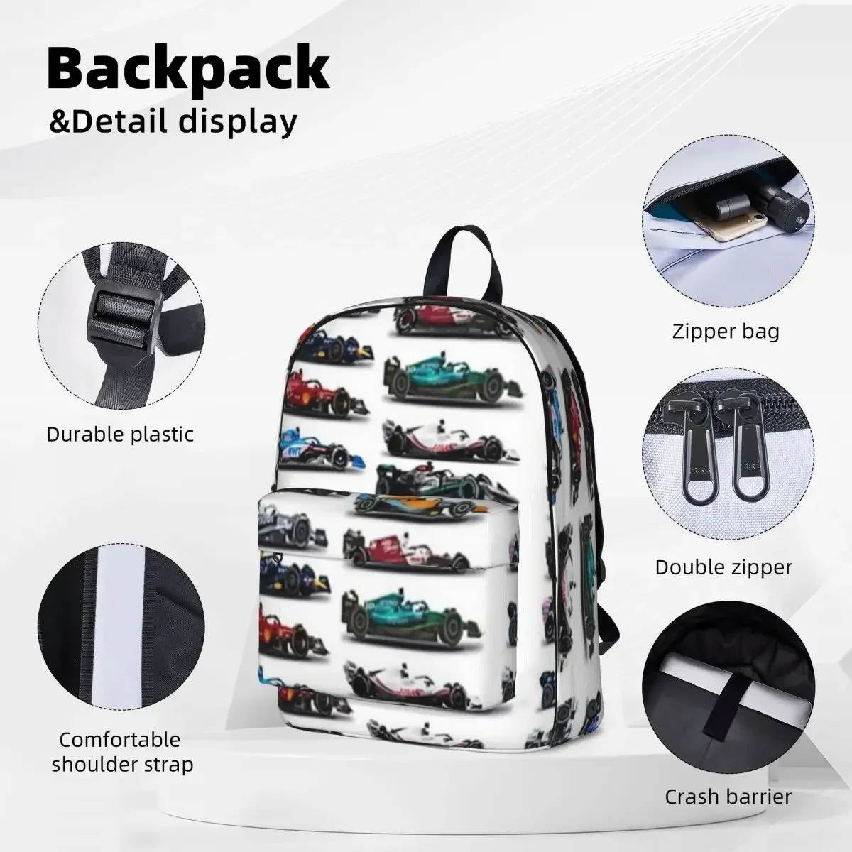 F1 All Cars 2022 Backpack Casual Student School Bag Laptop Rucksack Travel Rucksack Large Capacity Bookbag