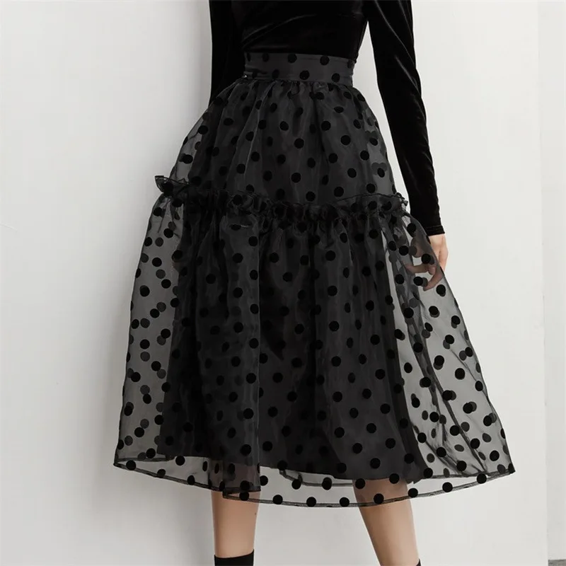 2022 Autumn New  High Waist Slim Organza Flocking Dotted Black Skirt Girl   Casual  A-LINE  Mid-Calf  bandage skirts