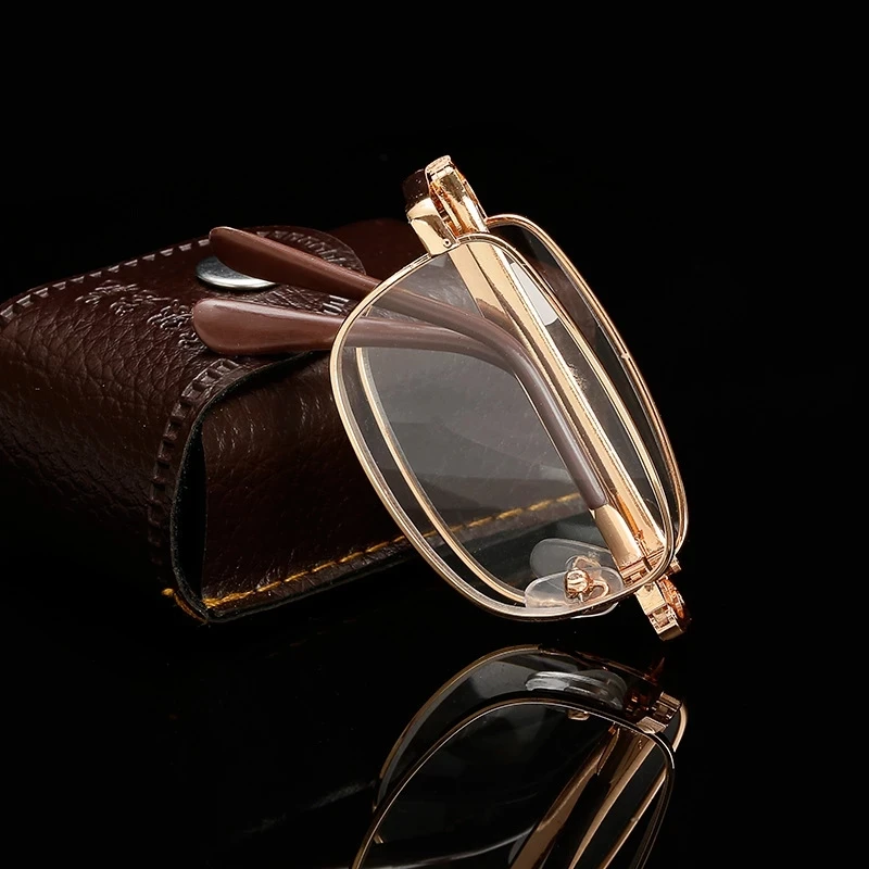 4 in 1 Bifocal Folding Reading Glasses Unisex Collapsible Metal Lenses With Leather Box Farsighted Eyeglasses Diopter Glasses