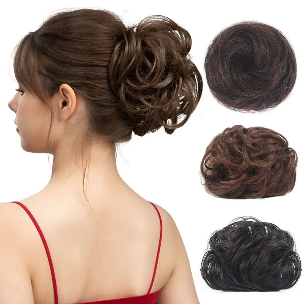 Synthetic Chignon Messy Bun Claw Clip in Hair Piece Wavy Curly Hair Bun Ponytail Extensions Scrunchie Hairpieces for Women