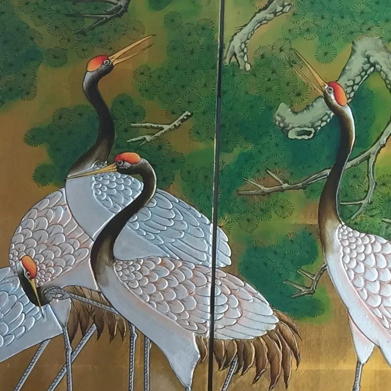 Gold Foil Hand Painted Songling Heshou Picture 6 Piece Set Folding Screen Room Divider Partition Wall Decoration for Living