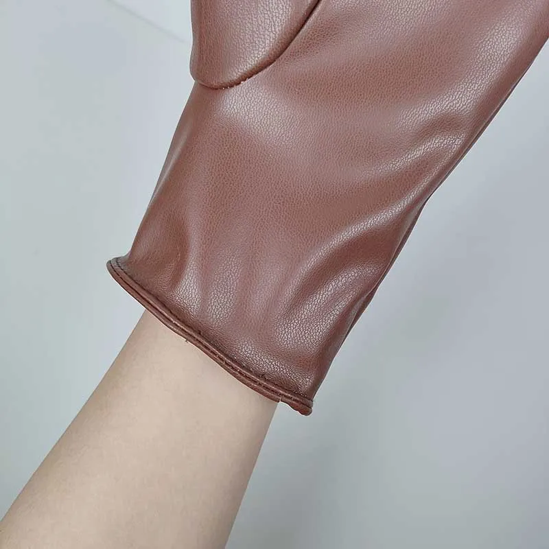 Winter Women PU Leather Plus Plush Thick Velvet Warm Driving Waterproof Glove Female Solid Sport Cycling Windproof Mitten O86