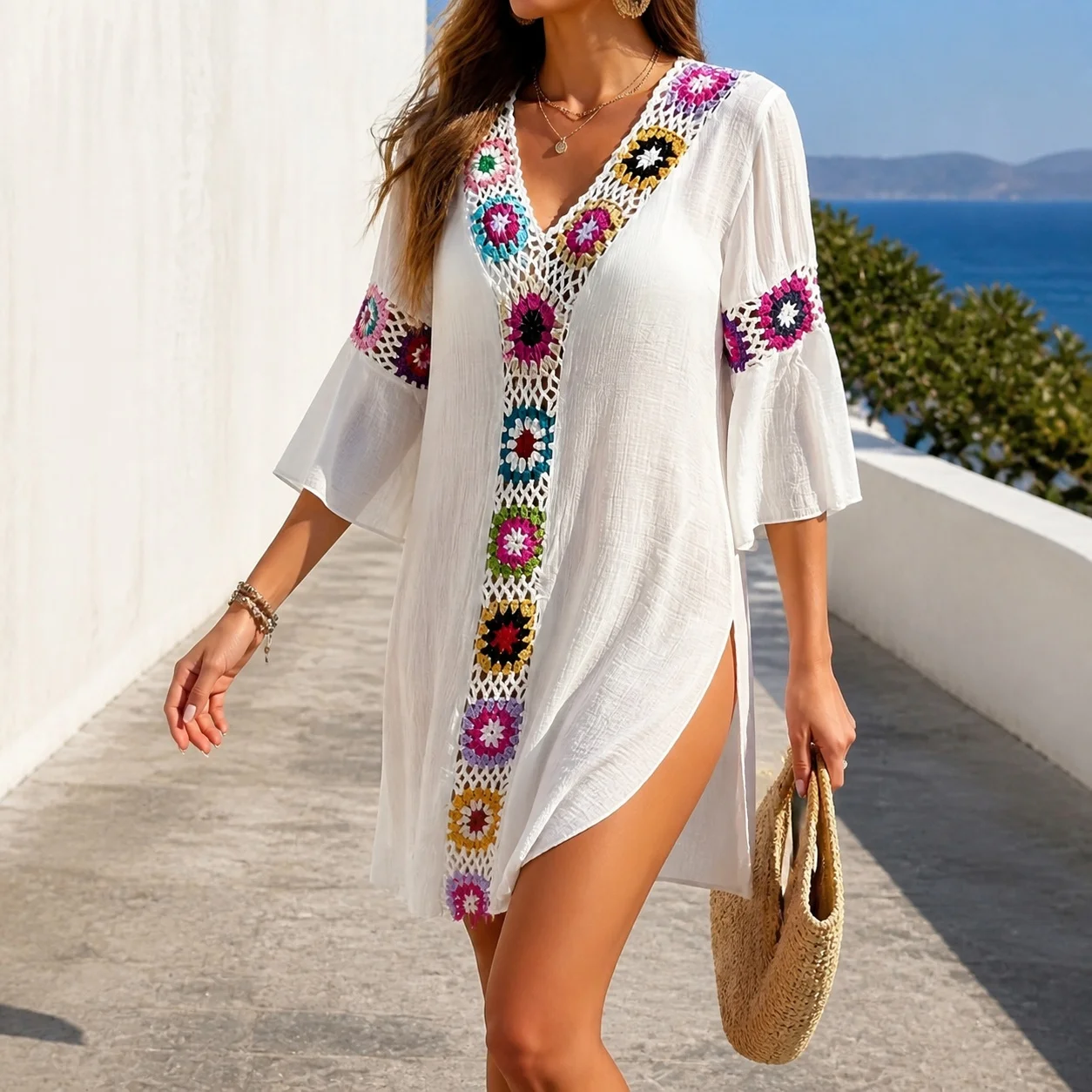 Patchwork Single Dress Mid Waist Edgy Street with Pullover V Neck Three Quarter Sleeve Loose Fit Midi Length Women Swimsuit