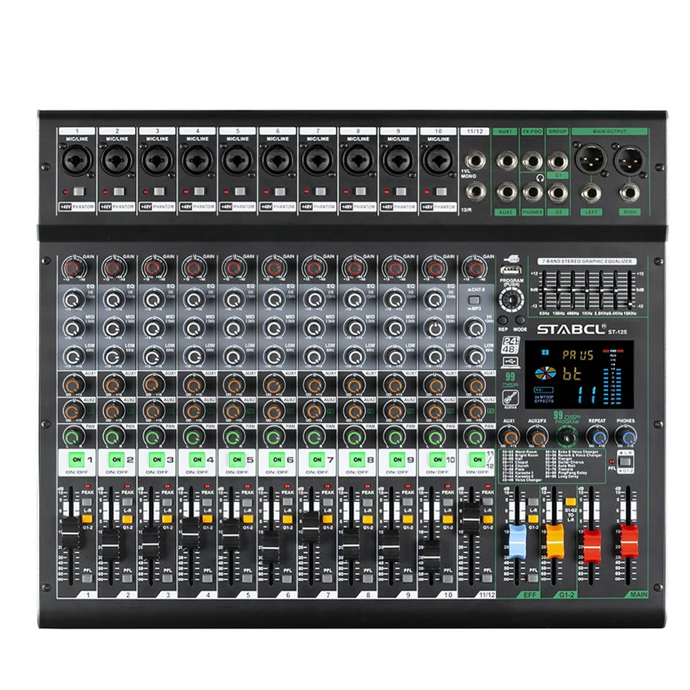 Professional Audio Mixer Built-in 99 Reverb Effect 12 Channel Mixing Console