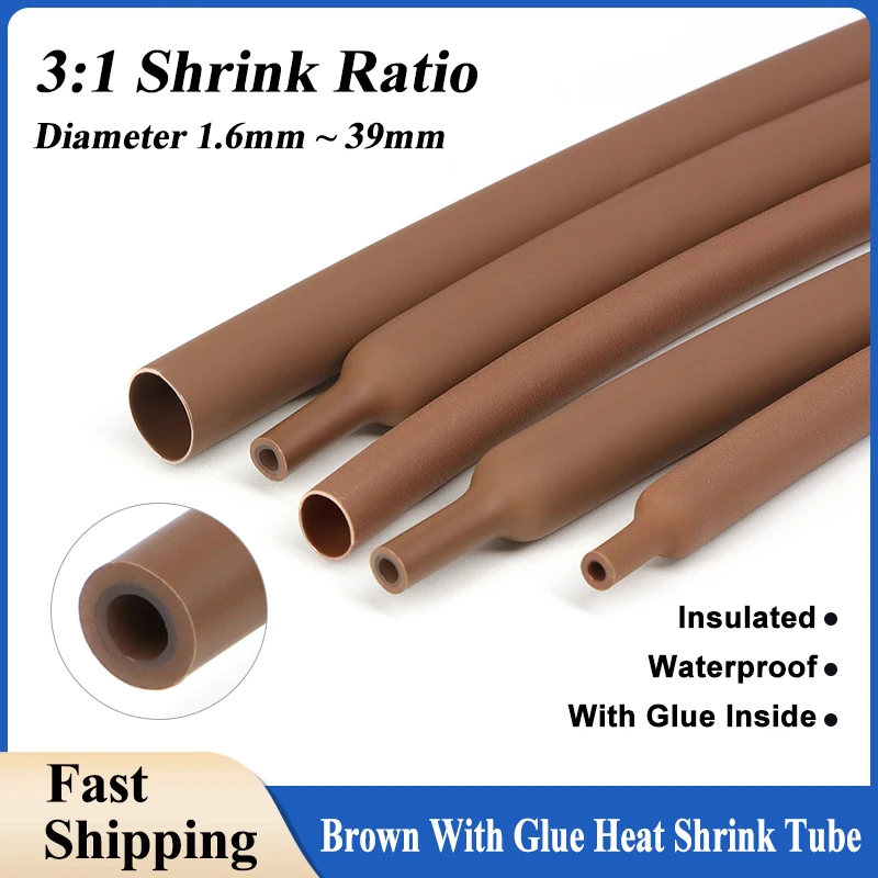 3:1 Brown With Glue Heat Shrink Tube Dual Wall Tubing 1.6mm ~ 39mm Dia Polyolefin Insulated Adhesive Lined Shrinkage Wrap Sleeve