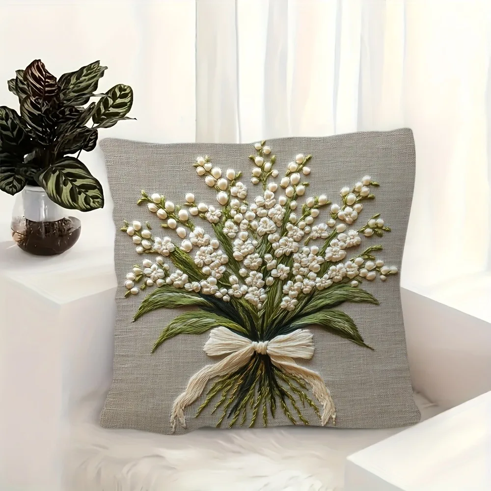 Vintage green floral elegant daisy imitation embroidery design printed pillowcase, home decoration pillow, living room sofa deco