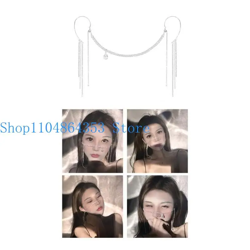 

652F Bling Long Chain Tassels Pendant Face Jewelry for Women Party Accessories Crystal Row Face Chain Jewelry