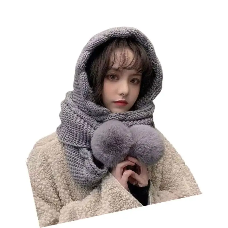 R1WEฤดูหนาวBrimlessหมวกผ้าพันคอEarflapsหนาถักหมวกPompomsเย็นสภาพอากาศWindproofหมวกสำหรับหญิงสาว