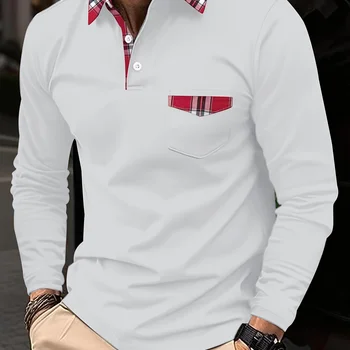 남성용 클래식 레드 체크 무늬 포켓 칼라 단추, 긴 소매 폴로 셔츠, 스포츠 및 레저 폴로 셔츠, 용수철 및 가을