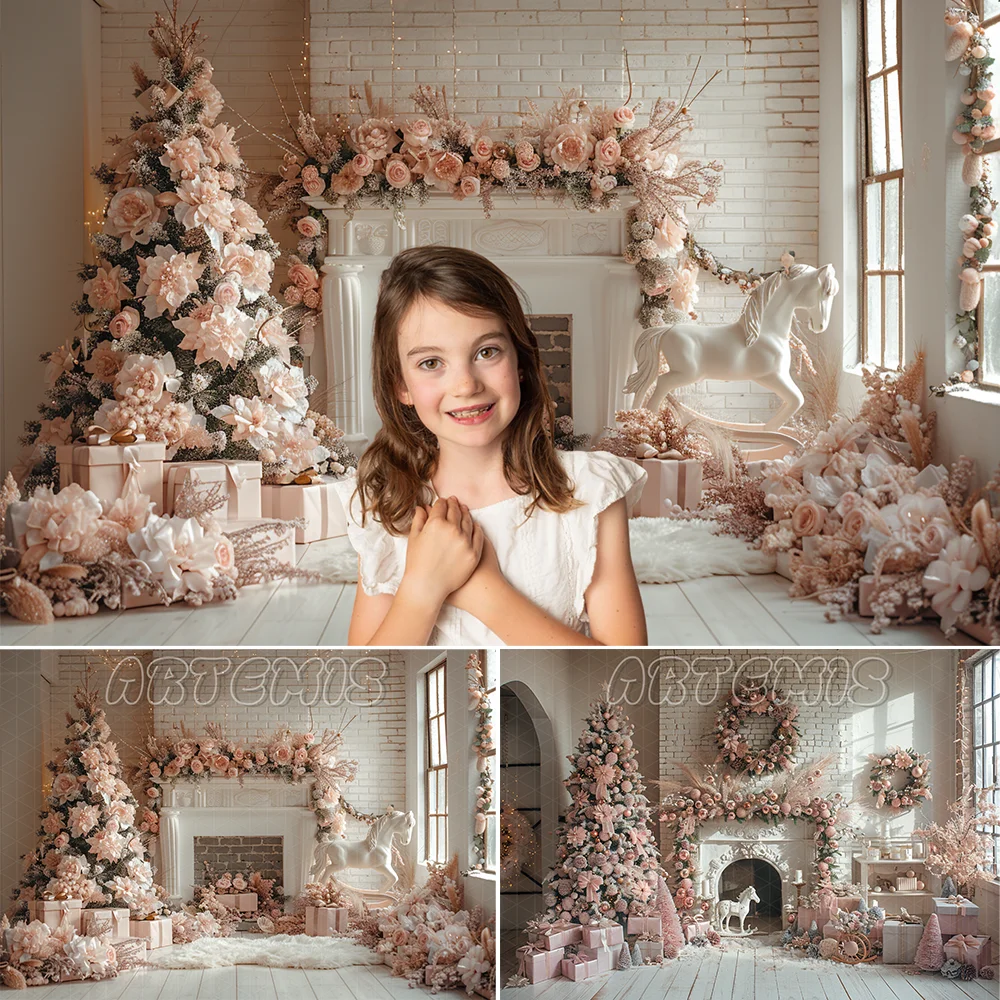 Christmas Photography Backdrop White Brick Wall Pink Christmas Tree Rocking Horse Gift Garland Background Photo Studio Photocall