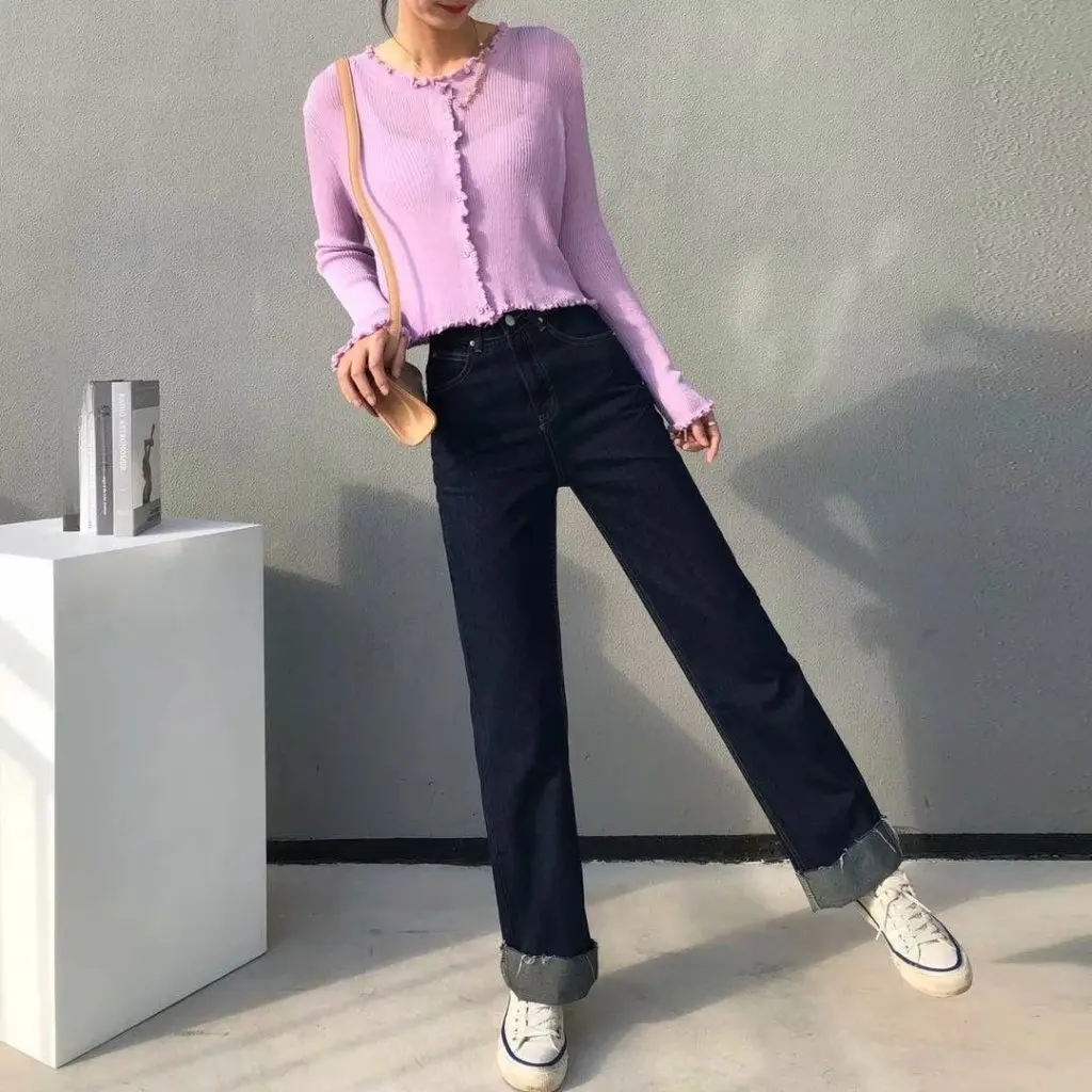 Vaqueros rectos de cintura alta para mujer, Top prensado de color azul oscuro, pantalones ajustados de pierna ancha a la moda, estilo europeo americano, combina con todo